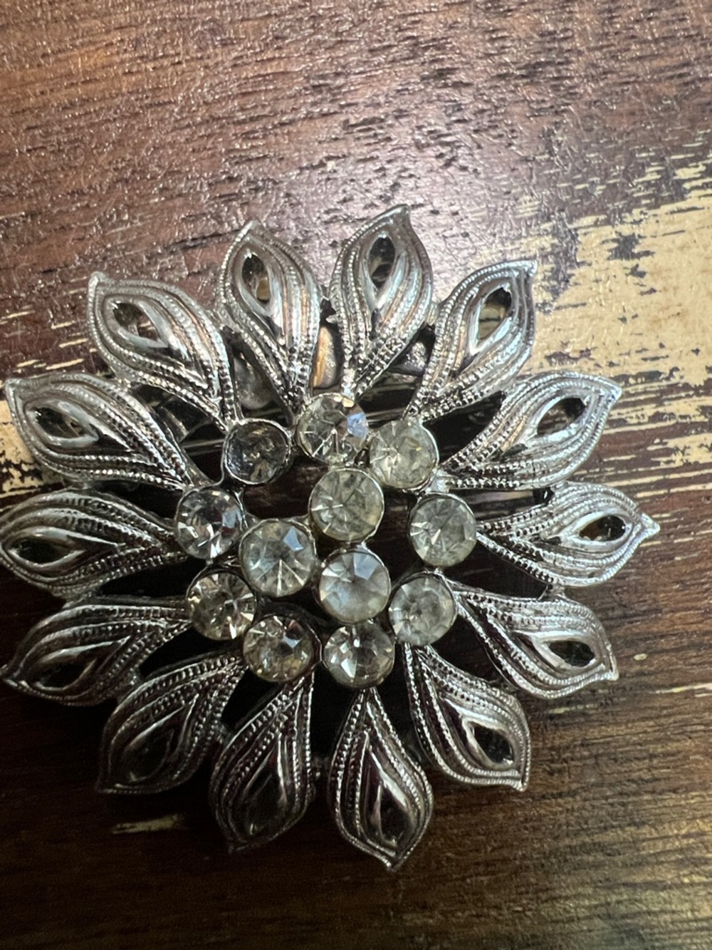 Silver Floral Crystal Brooch-missing stone